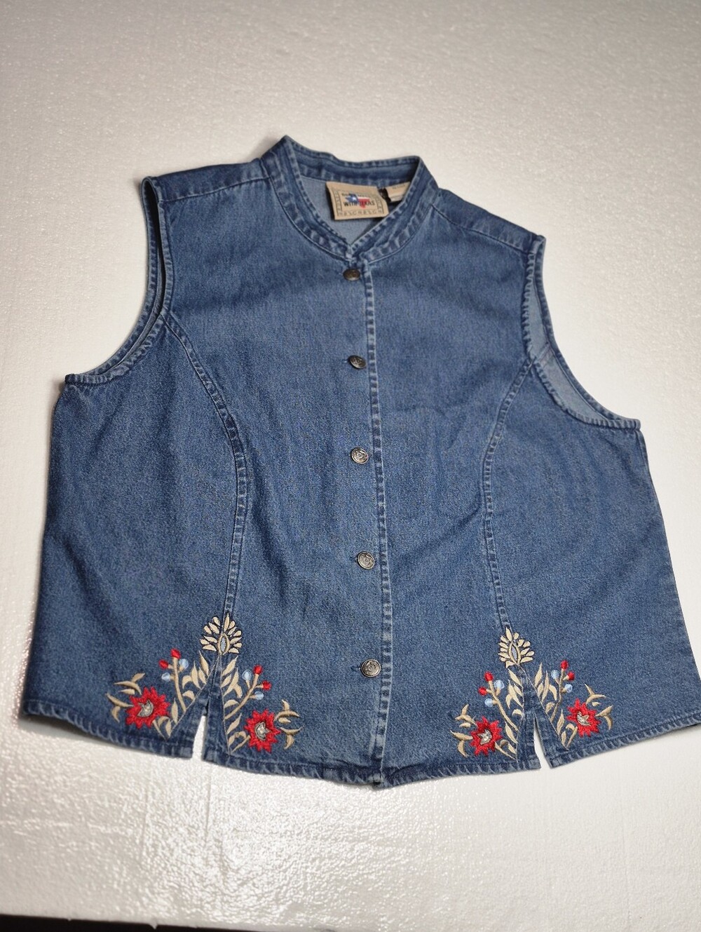 Don't Mess With Texas Vintage Denim Vest Floral Embroidered Blue Cotton Large